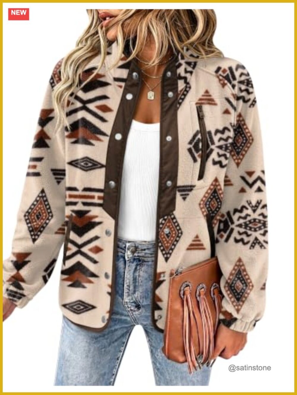 Women's Fleece Jacket Snap Button Aztec Print Stand Collar Long Sleeve